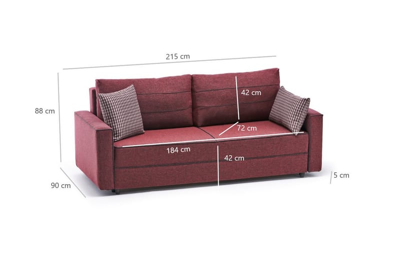 Highbank Sovesofa 3-seters 185x150 - Rød - Sovesofaer - 3 seters sovesofa