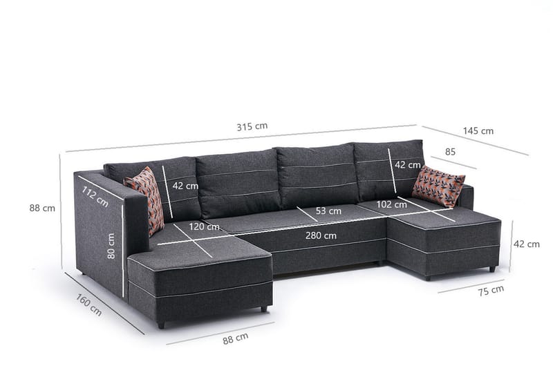Highbank Sovesofa m. Divan 4-seters 200x150 - Antrasitt - Møbler - Sofaer - Sovesofaer