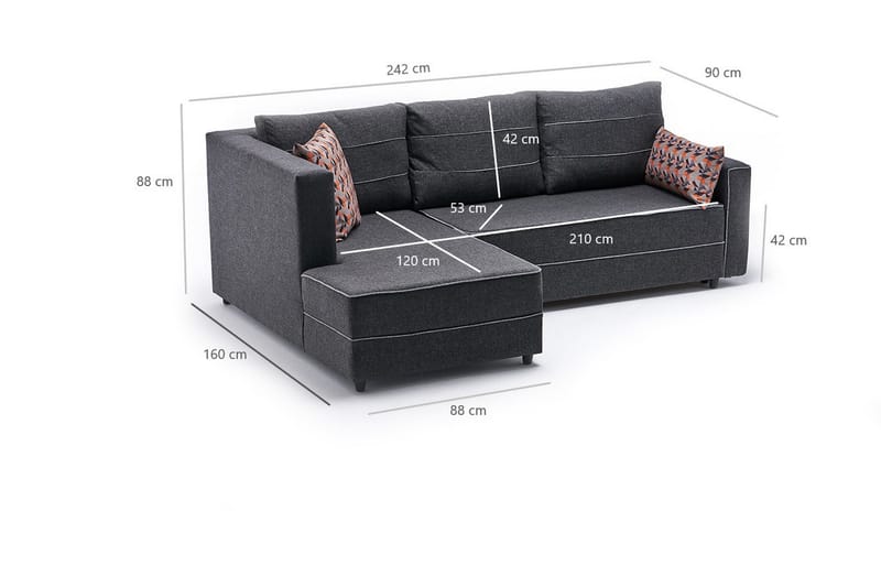 Highbank Sovesofa m. Divan 4-seters 200x150 - Antrasitt - Sovesofaer - Sovesofa divan