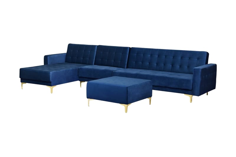 Hjørnesovesofa Stor H + Fotskammel Fløyel ABERDEEN - Blå - Møbler - Sofaer - Sovesofaer