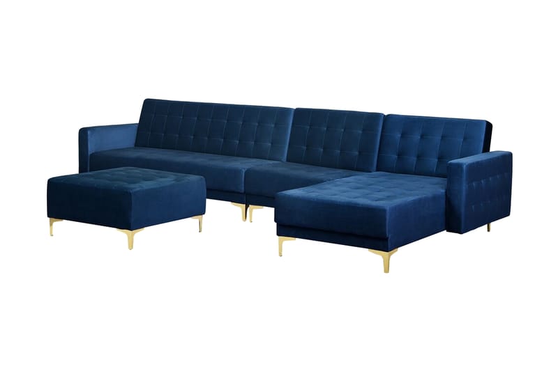 Hjørnesovesofa Stor V + Fotskammel Fløyel ABERDEEN - Blå - Møbler - Sofaer - Sovesofaer