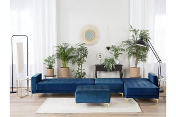 Hjørnesovesofa Stor V + Fotskammel Fløyel ABERDEEN - Blå - Møbler - Sofaer - Sovesofaer
