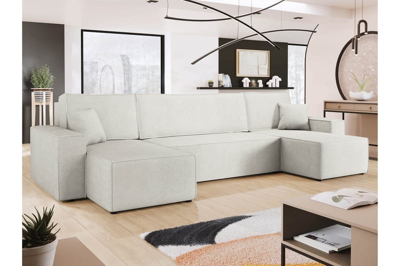 Hobson Sovesofa med Dobbel Sjeselong 4-seter i Plysj - Hvit - Møbler - Sofaer - Sovesofaer