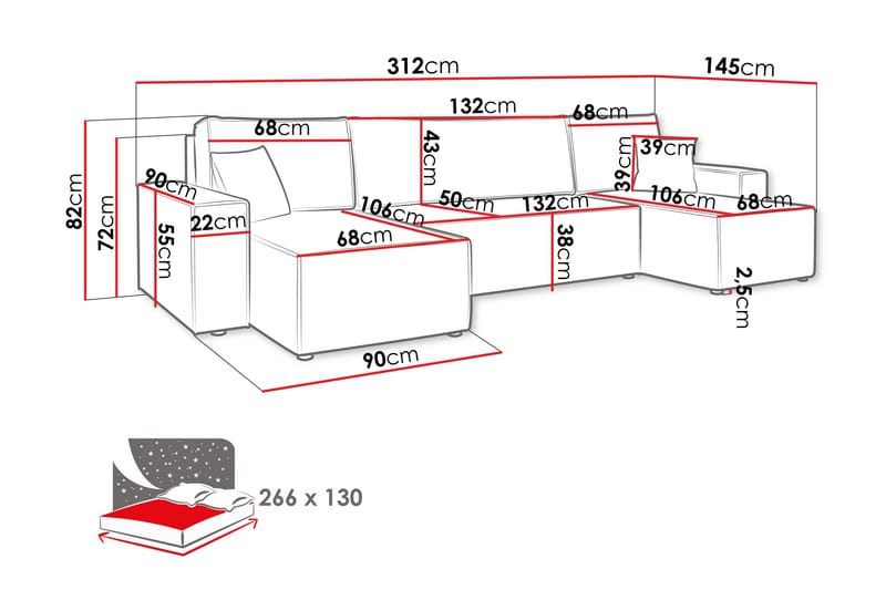 Hobson Sovesofa med Dobbel Sjeselong 4-seter i Plysj - Beige - Møbler - Sofaer - Sovesofaer