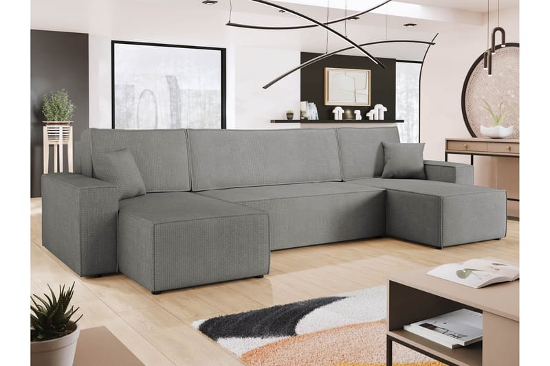 Hobson Sovesofa med Dobbel Sjeselong 4-seter i Plysj - Grå - Møbler - Sofaer - Sovesofaer