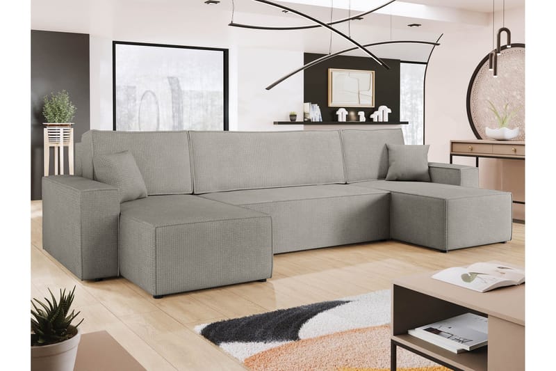 Hobson Sovesofa med Dobbel Sjeselong 4-seter i Plysj - Grå - Møbler - Sofaer - Sovesofaer