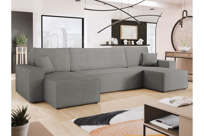 Hobson Sovesofa med Dobbel Sjeselong 4-seter i Plysj - Grå - Møbler - Sofaer - Sovesofaer