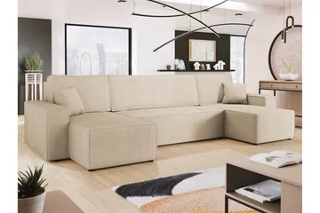 Hobson Sovesofa med Dobbel Sjeselong 4-seter i Plysj - Beige - Møbler - Sofaer - Sovesofaer