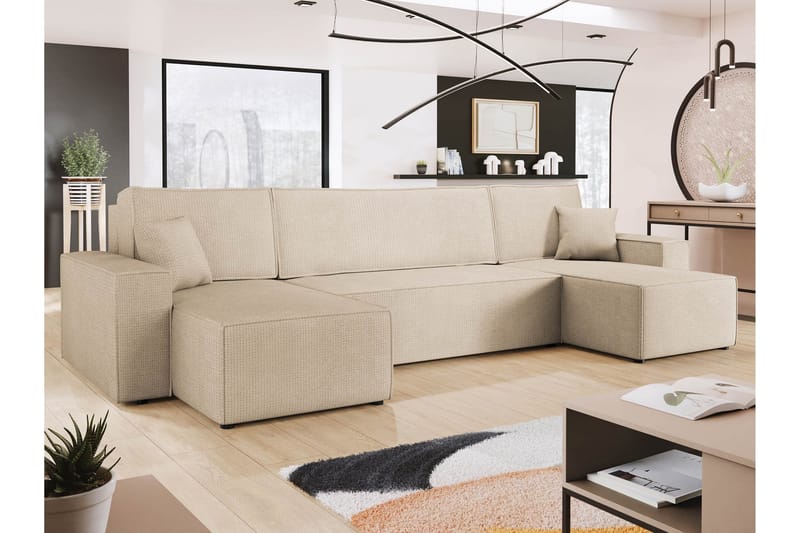 Hobson Sovesofa med Dobbel Sjeselong 4-seter i Plysj - Beige - Møbler - Sofaer - Sovesofaer