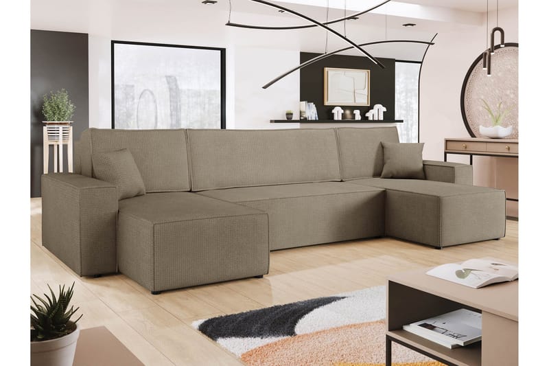 Hobson Sovesofa med Dobbel Sjeselong 4-seter i Plysj - Brun - Møbler - Sofaer - Sovesofaer