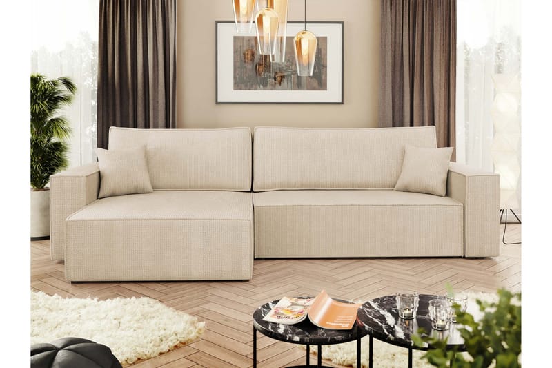 Hobson Sovesofa med Sjeselong 3-seter i Plysj - Beige - Møbler - Sofaer - Sovesofaer