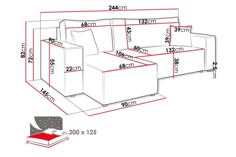 Hobson Sovesofa med Sjeselong 3-seter i Plysj - Grå - Møbler - Sofaer - Sovesofaer