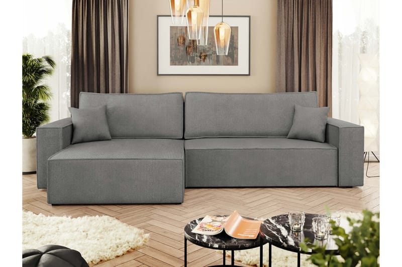 Hobson Sovesofa med Sjeselong 3-seter i Plysj - Grå - Møbler - Sofaer - Sovesofaer