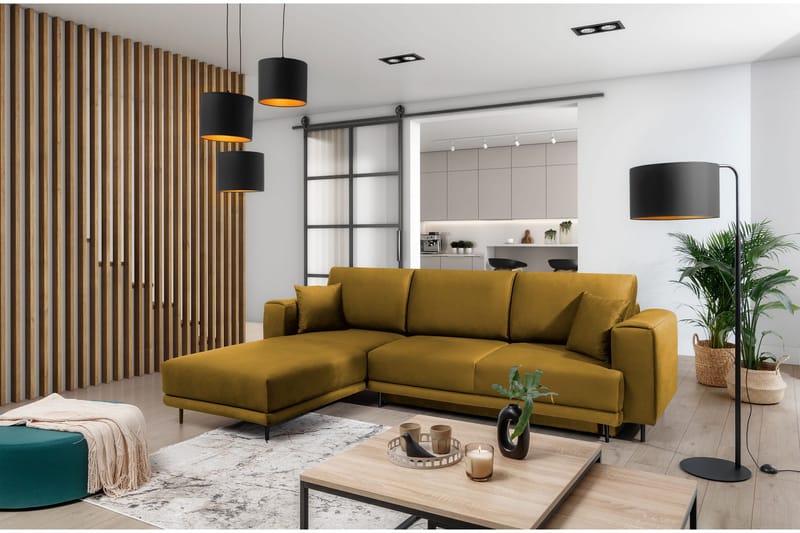 Hopland 3-seters Sovesofa m. Divan med Oppbevaring, Gul