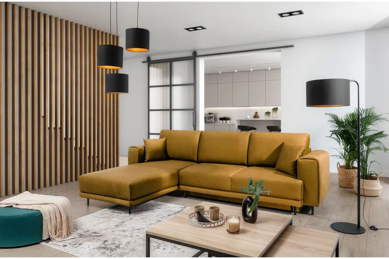 Hopland 3-seters Sovesofa m. Divan med Oppbevaring, Gul