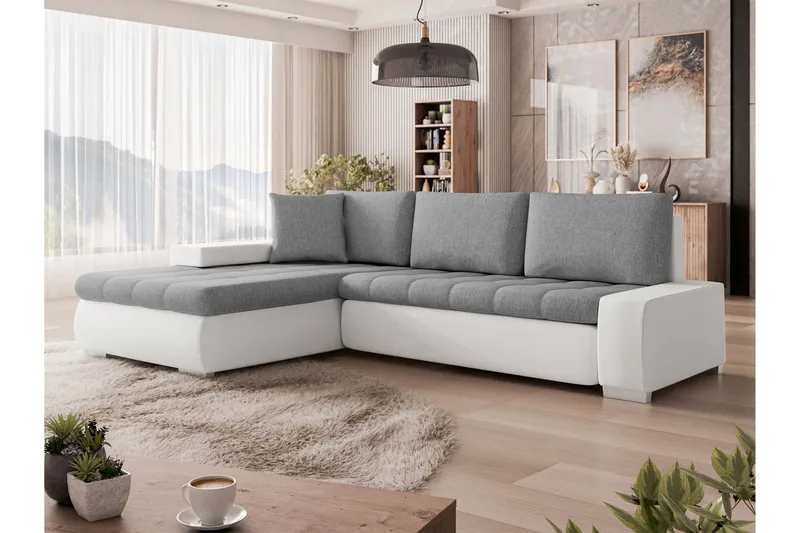 Irja Sovesofa med Sjeselong 3-seter i Kunstlær - Hvit / Grå - Møbler - Sofaer - Sovesofaer