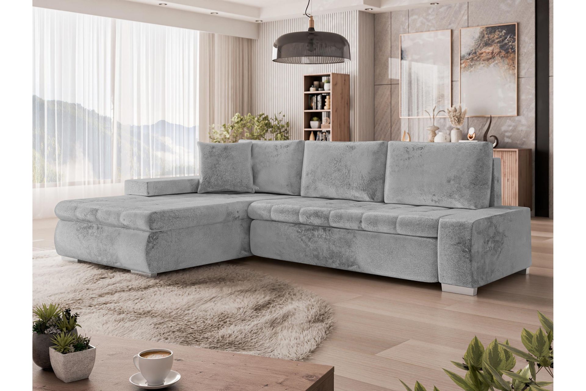 Irja Sovesofa med Sjeselong 3-seter i Plysj - Grå - Møbler - Sofaer - Sovesofaer