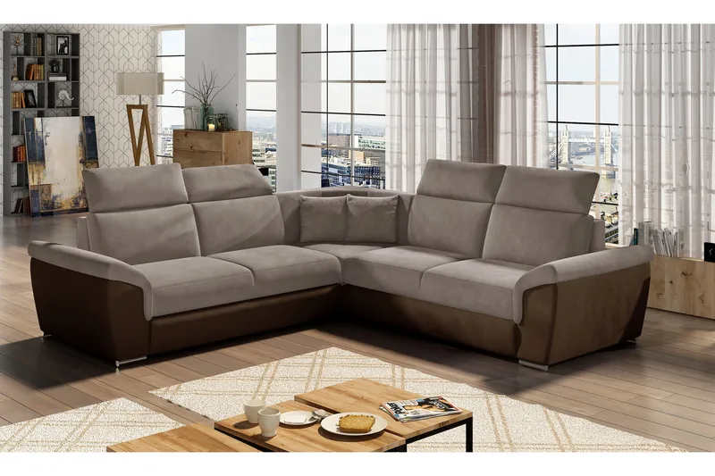 Isakke 4-seters Hjørnesovesofa 120x200 cm i Stoff, Gråbeige med Kunstlærunderstell