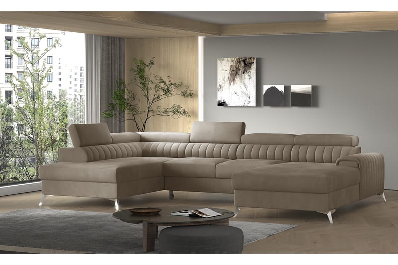 Kamran Sovesofa m. Divan og Sjeselong med Oppbevaring - Beige - Sovesofaer - Sovesofa divan