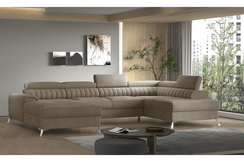 Kamran Sovesofa m. Divan og Sjeselong med Oppbevaring - Beige - Sovesofaer - Sovesofa divan