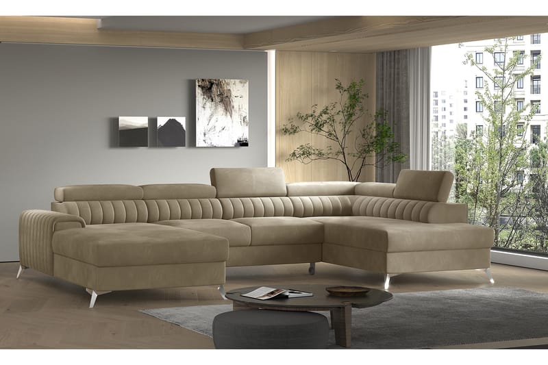 Kamran Sovesofa m. Divan og Sjeselong med Oppbevaring - Beige - Møbler - Sofaer - Sovesofaer