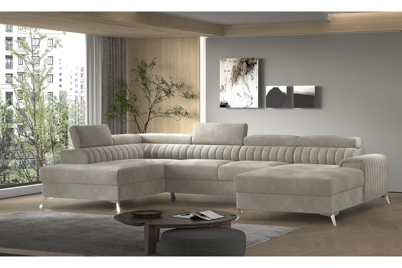 Kamran Sovesofa m. Divan og Sjeselong med Oppbevaring - Beige - Sovesofaer - Sovesofa divan