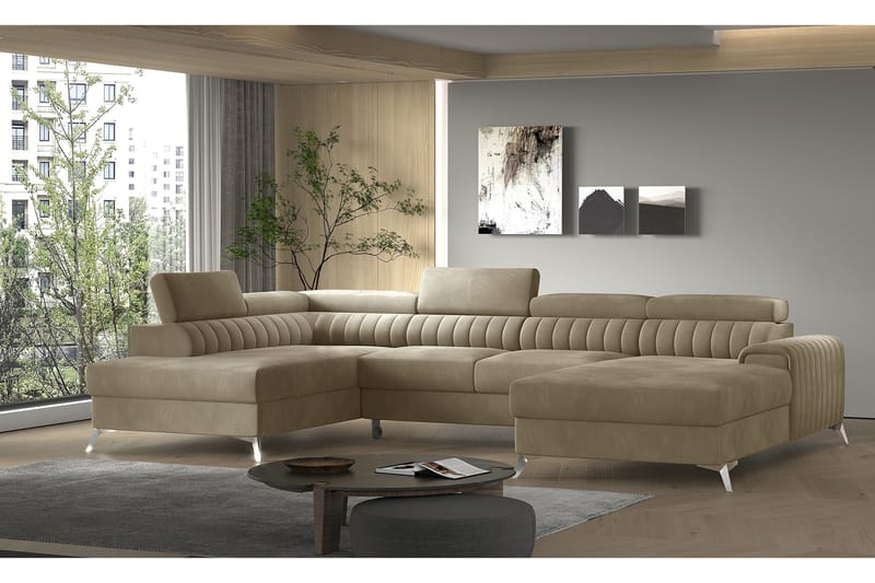 Kamran Sovesofa m. Divan og Sjeselong med Oppbevaring - Beige - Sovesofaer - Sovesofa divan