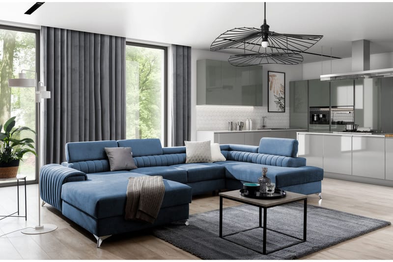 Kamran Sovesofa m. Divan og Sjeselong med Oppbevaring - Blå - Møbler - Sofaer - Sovesofaer