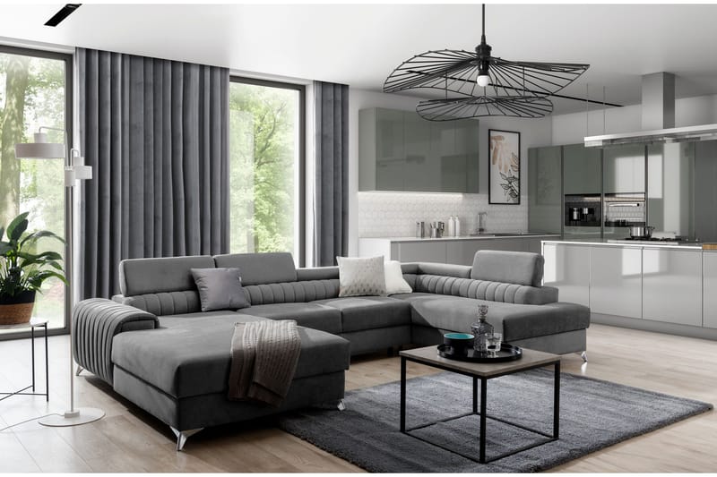 Kamran Sovesofa m. Divan og Sjeselong med Oppbevaring - Grå - Møbler - Sofaer - Sovesofaer