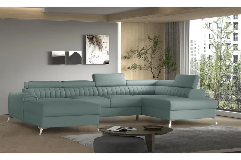 Kamran Sovesofa m. Divan og Sjeselong med Oppbevaring - Lyseblå - Møbler - Sofaer - Sovesofaer