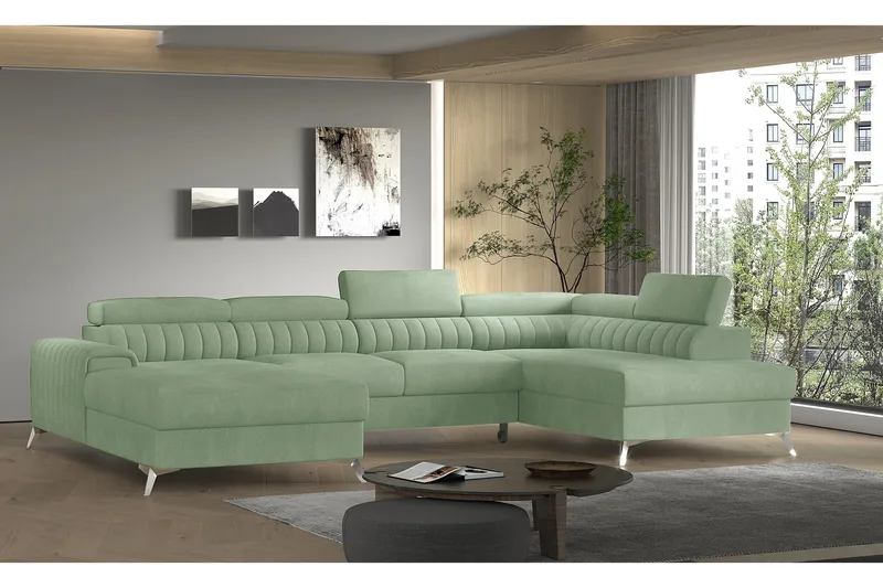 Kamran Sovesofa m. Divan og Sjeselong med Oppbevaring - Lysegrønn - Møbler - Sofaer - Sovesofaer