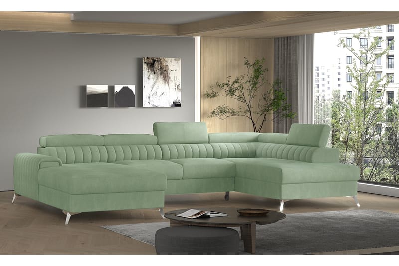 Kamran Sovesofa m. Divan og Sjeselong med Oppbevaring - Lysegrønn - Møbler - Sofaer - Sovesofaer
