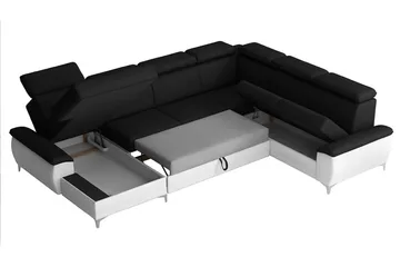 Karkula Høyre Hjørnesovesofa Utrekkbar 128x275 cm med Oppbevaring i Stoff - Hvit|Svart - Møbler - Sofaer - Sovesofaer