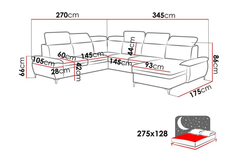 Karkula Høyre Hjørnesovesofa Utrekkbar 128x275 cm med Oppbevaring i Stoff - Hvit|Svart - Møbler - Sofaer - Sovesofaer