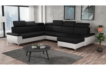 Karkula Høyre Hjørnesovesofa Utrekkbar 128x275 cm med Oppbevaring i Stoff - Hvit|Svart - Møbler - Sofaer - Sovesofaer