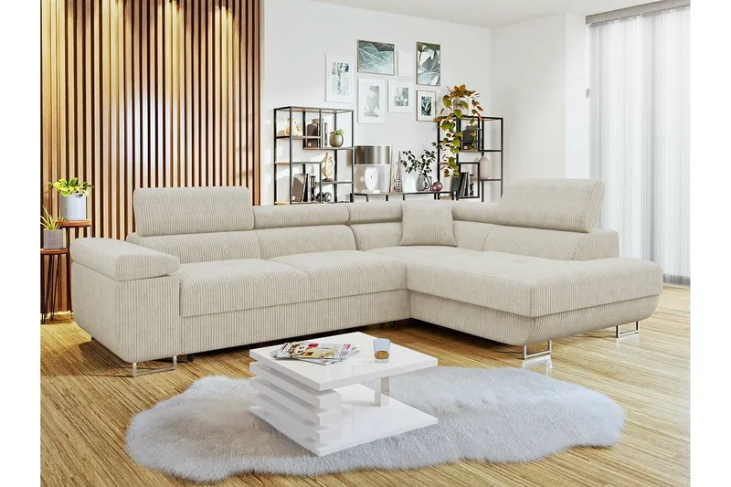 Kintore 4-seter Høyrevendt L-formet Hjørnesovesofa 125x198 cm i Kordfløyel - Beige - Møbler - Sofaer - Sovesofaer