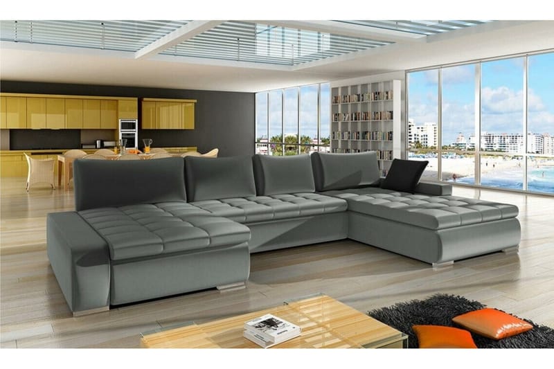 Kintore 4-seter U-formet Hjørnesovesofa 140x340 cm med Oppbevaring i Kunstlær - Grå - Møbler - Sofaer - Sovesofaer