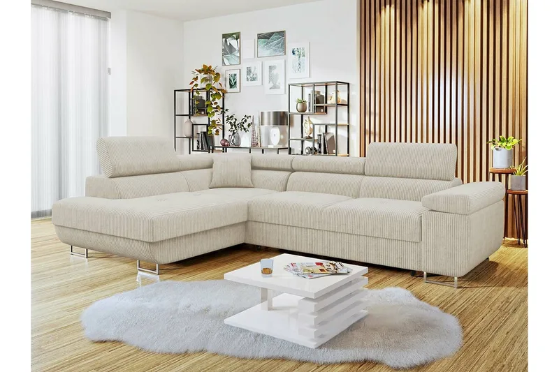Kintore 4-seter Venstrevendt L-formet Hjørnesovesofa 125x198 cm i Kordfløyel - Beige - Møbler - Sofaer - Sovesofaer