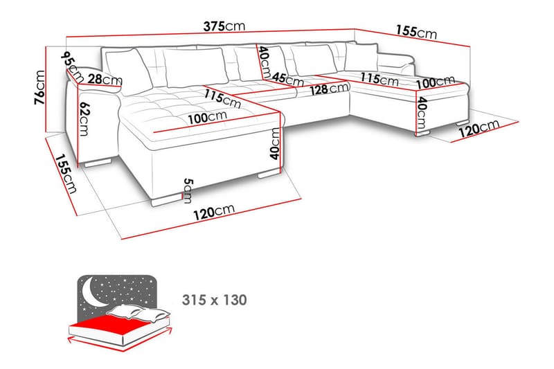 Kinzer Sovesofa Dobbeldivan 4-seters 315x130 cm U-formet - Svart - Sovesofaer - U sovesofa - Sovesofa divan