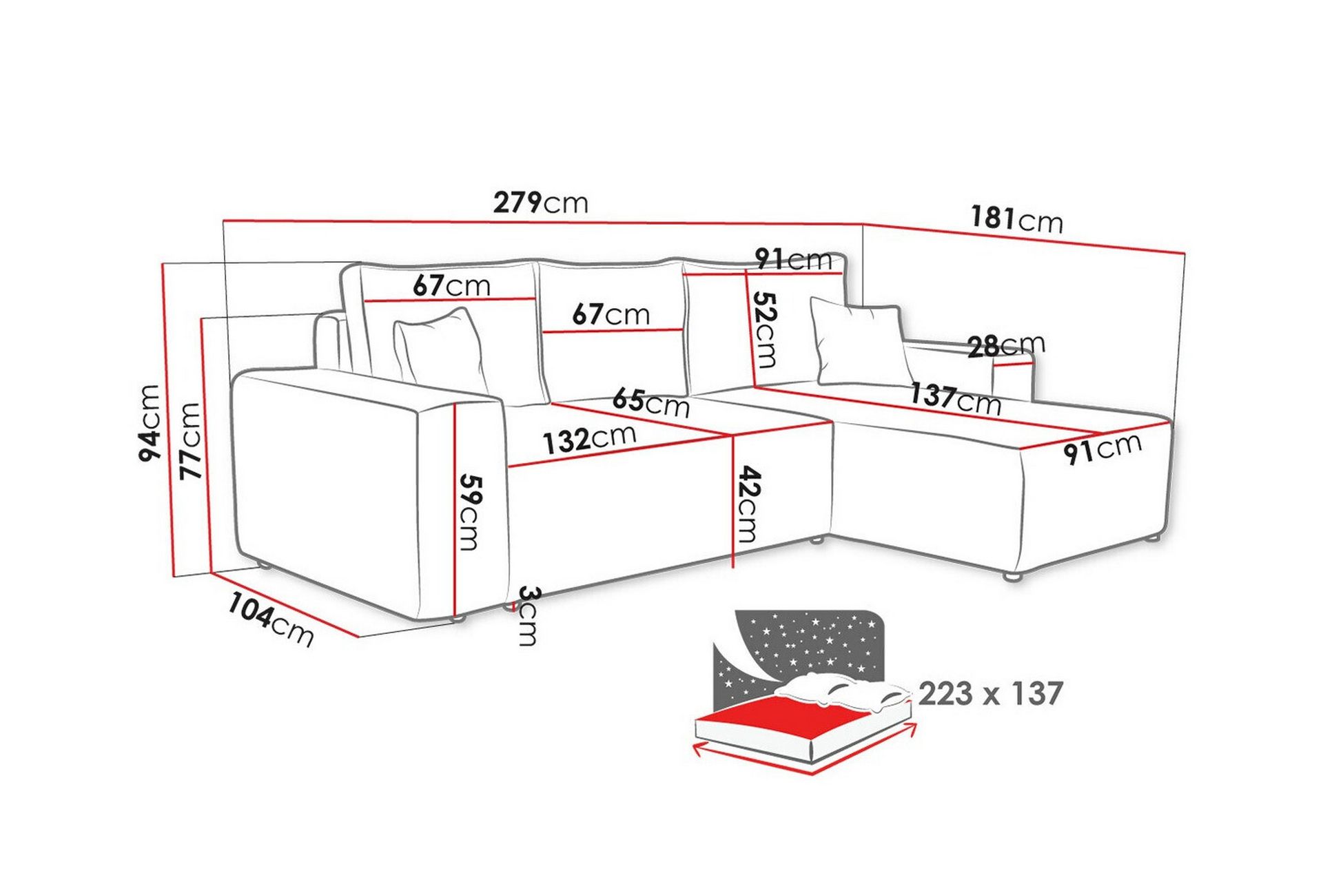 Knocklong 3-seters Hjørnesovesofa - Svart - Møbler - Sofaer - Sovesofaer