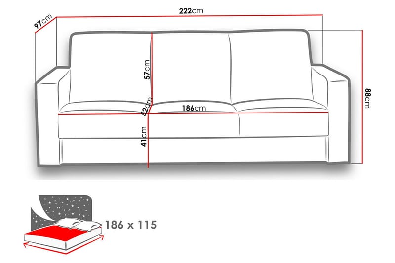 Kolder Sovesofa 222x97x88 cm - Sovesofaer - Skinnsofaer - 3 seters sovesofa