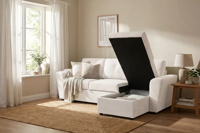 Leia 3-seters vendbar sovesofa med sjeselong og oppbevaring - Beige - Møbler - Sofaer - Sovesofaer