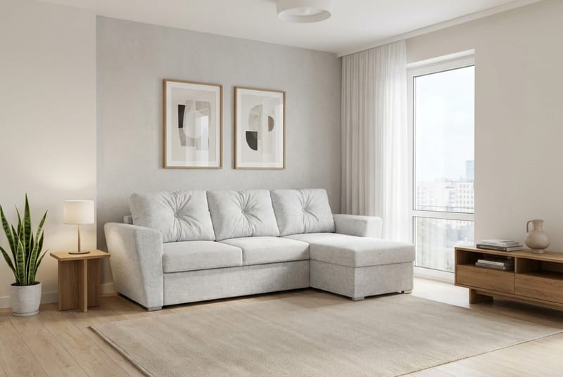 Leia 3-seters vendbar Sovesofa med sjeselong og oppbevaring - Beige - Møbler - Sofaer - Sovesofaer