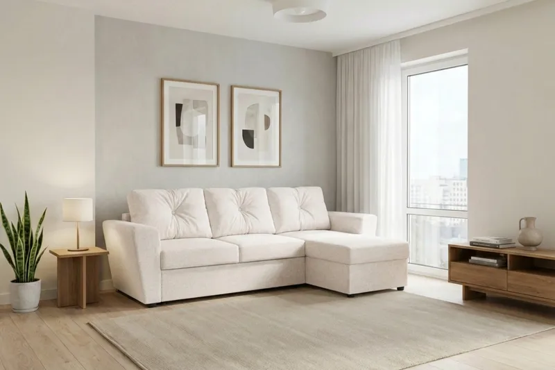 Leia 3-seters vendbar sovesofa med sjeselong og oppbevaring - Beige - Møbler - Sofaer - Sovesofaer