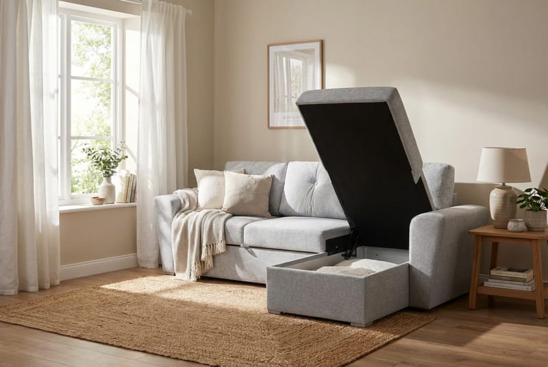 Leia 3-seters vendbar Sovesofa med sjeselong og oppbevaring - Beige - Møbler - Sofaer - Sovesofaer