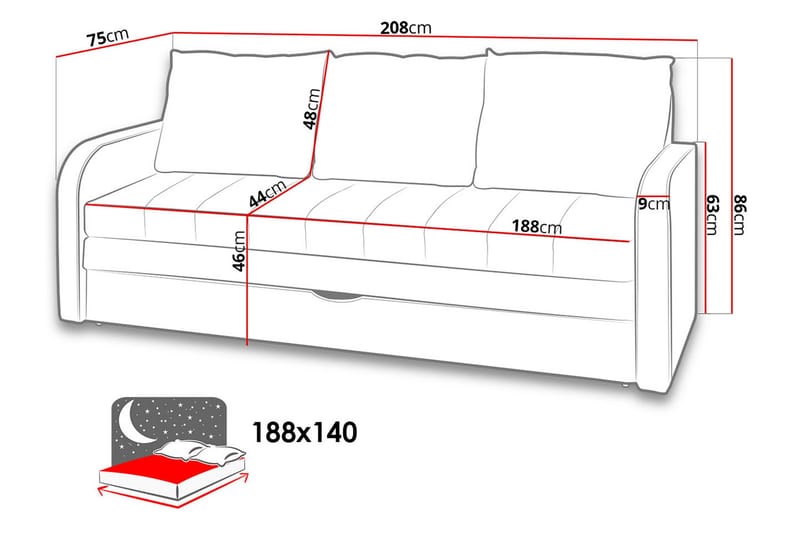 Lido Sovesofa 208x75x86 cm - Grå - Møbler - Sofaer - Sovesofaer