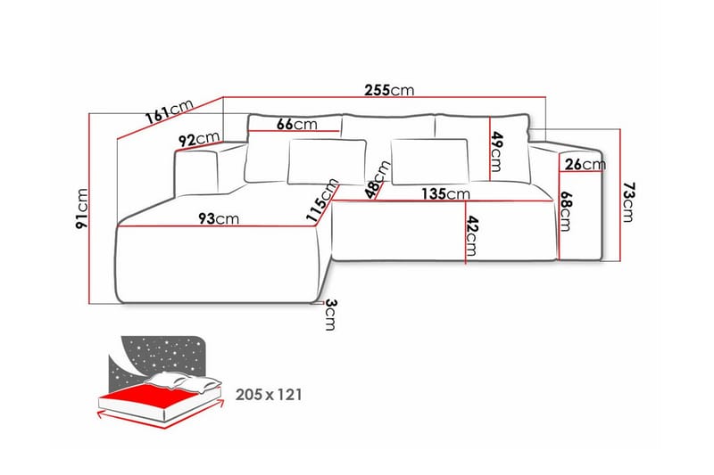 Listowel 3-sits Hörnbäddsoffa Pink - Møbler - Sofaer - Sovesofaer
