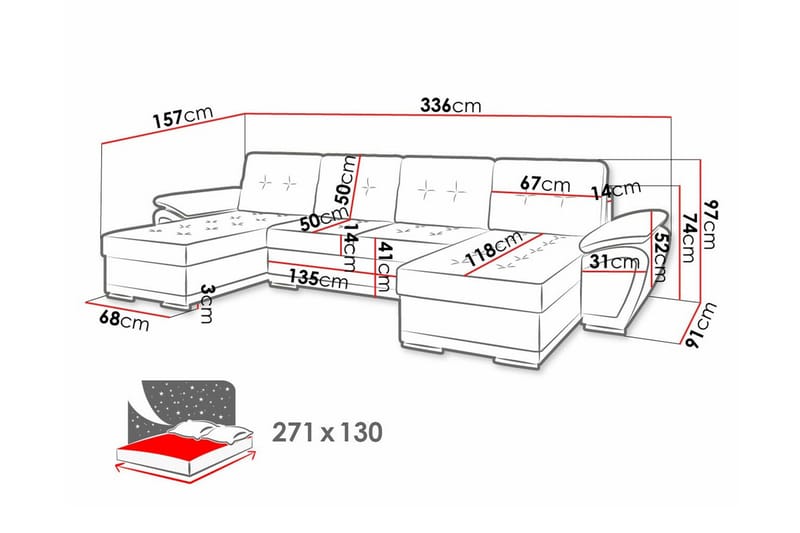 Listowel 4-seter U-formet Hjørnesovesofa 130x271 cm med Oppbevaring i Stoff - Antrasitt - Møbler - Sofaer - Sovesofaer