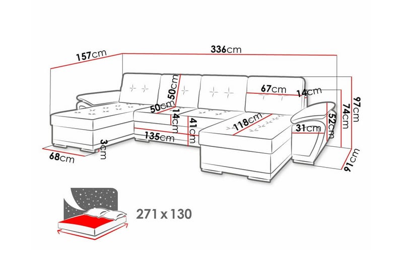 Listowel 4-seter U-formet Hjørnesovesofa 130x271 cm med Oppbevaring i Stoff - Petrolblå - Møbler - Sofaer - Sovesofaer