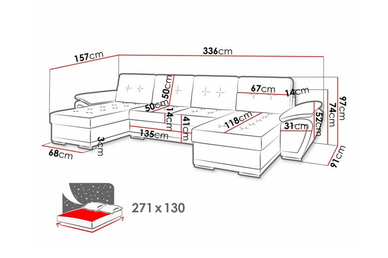 Listowel 4-seter U-formet Hjørnesovesofa 130x271 cm med Oppbevaring - Muldvarpbrun - Møbler - Sofaer - Sovesofaer